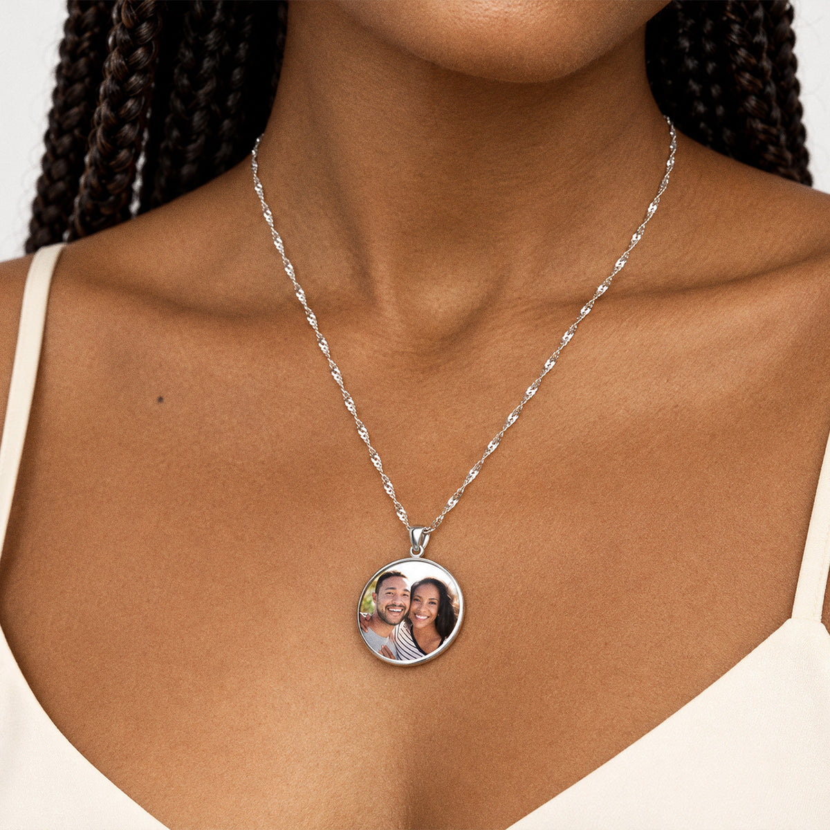 Round with Border Photo Pendant - on model