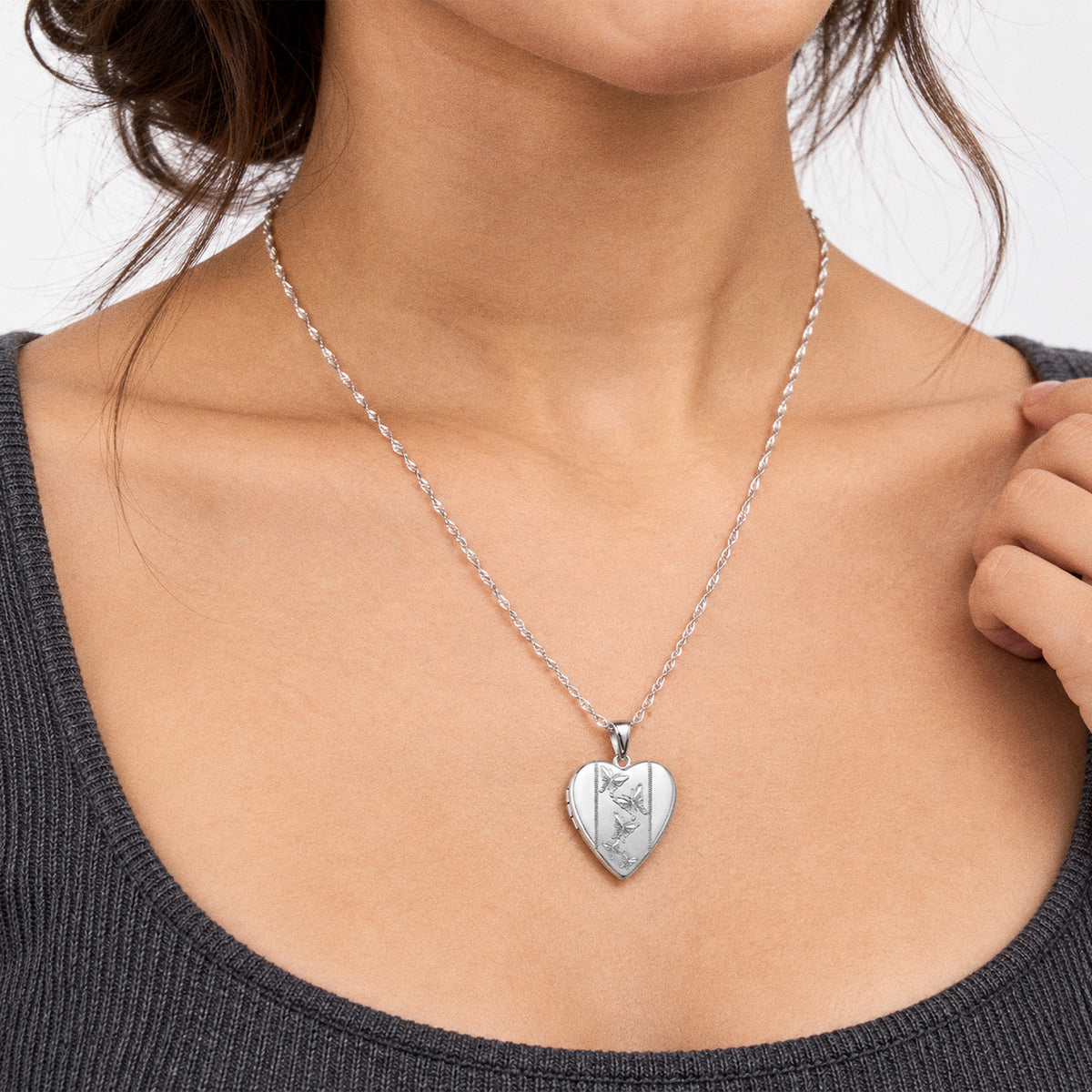 Butterfly Heart Photo Locket - on model