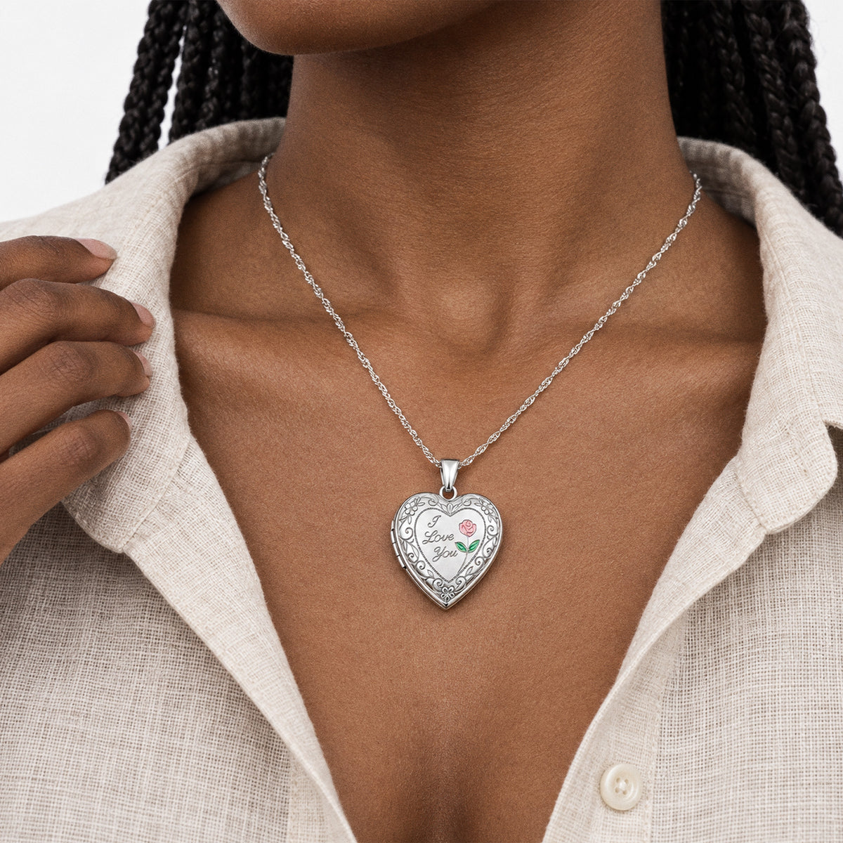 I Love You with Enamel Flower Heart Photo Locket - on model