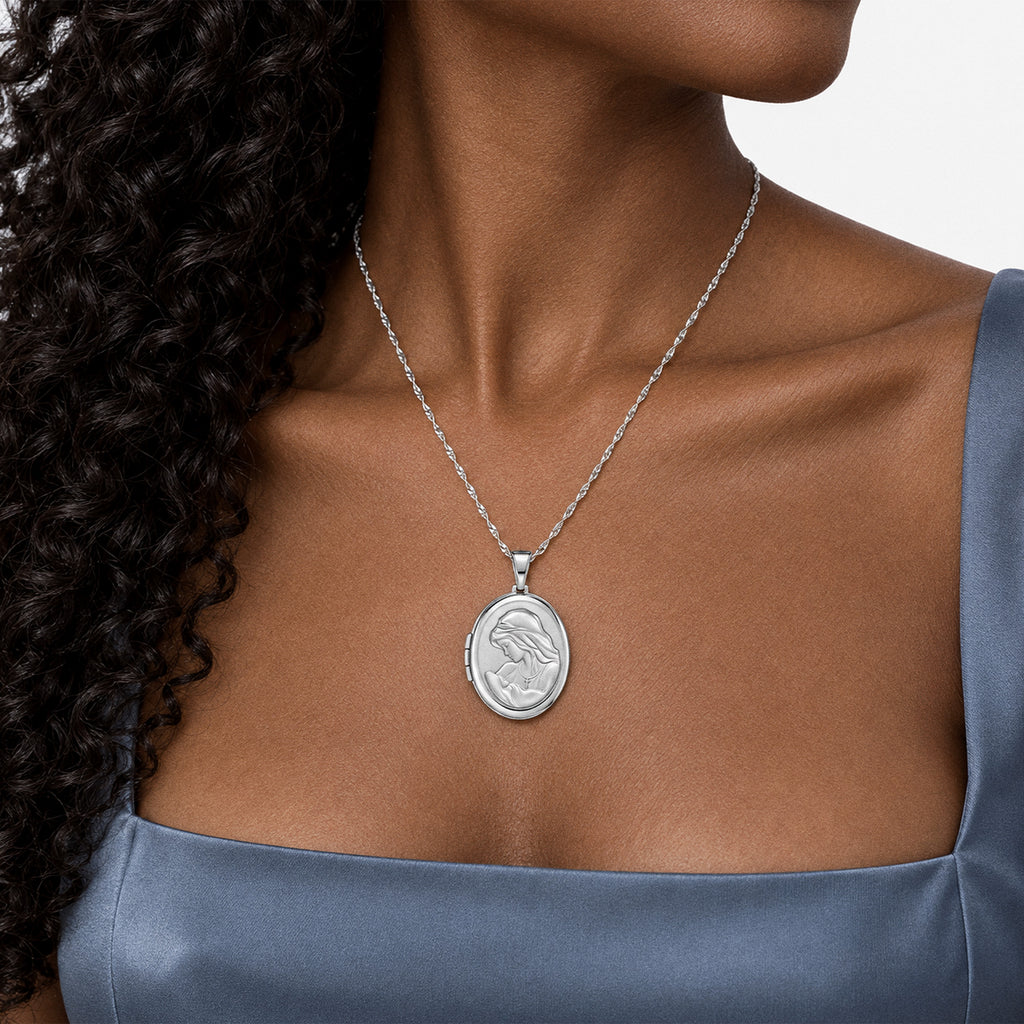 Mother and Child Oval Photo Locket - on model
