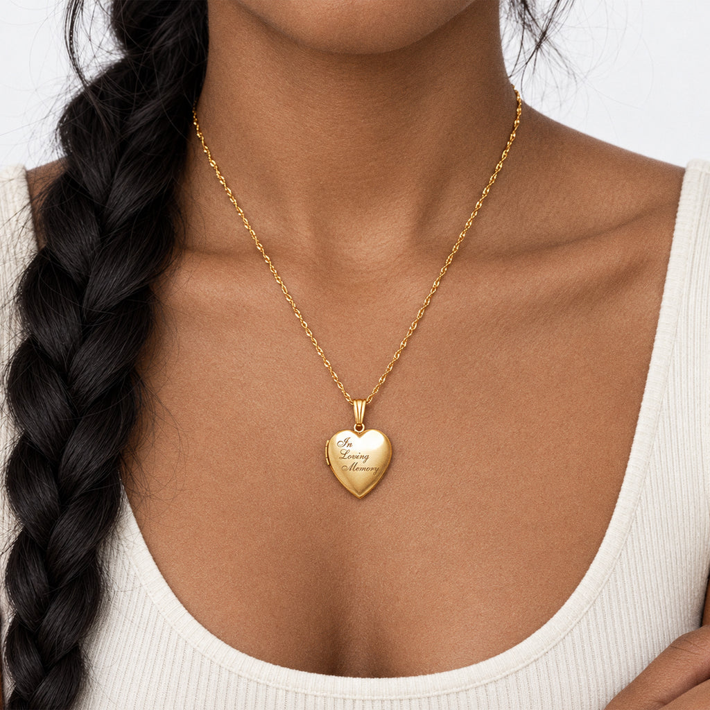 14K Gold-Filled In Loving Memory Heart Photo Locket - on model