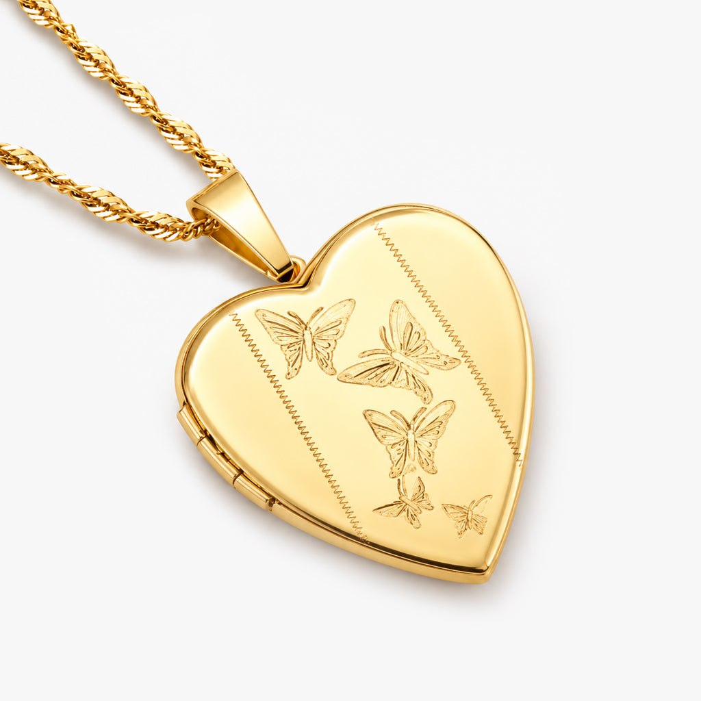 Solid 14K Yellow Gold Butterfly Heart Photo Locket