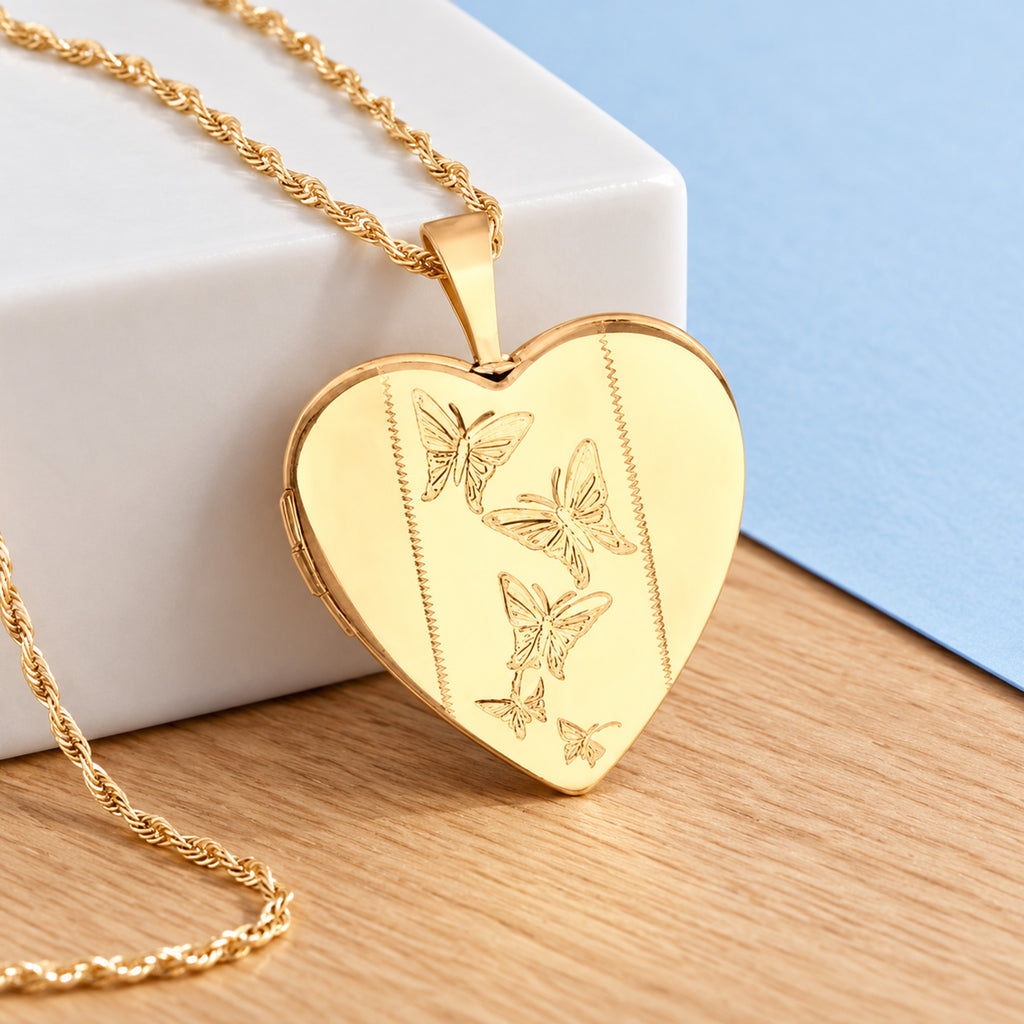 Solid 14K Yellow Gold Butterfly Heart Photo Locket - lifestyle