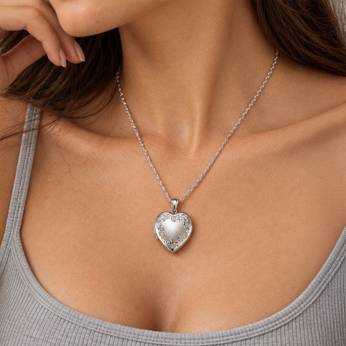 Premium Weight Heart Photo Locket - on model