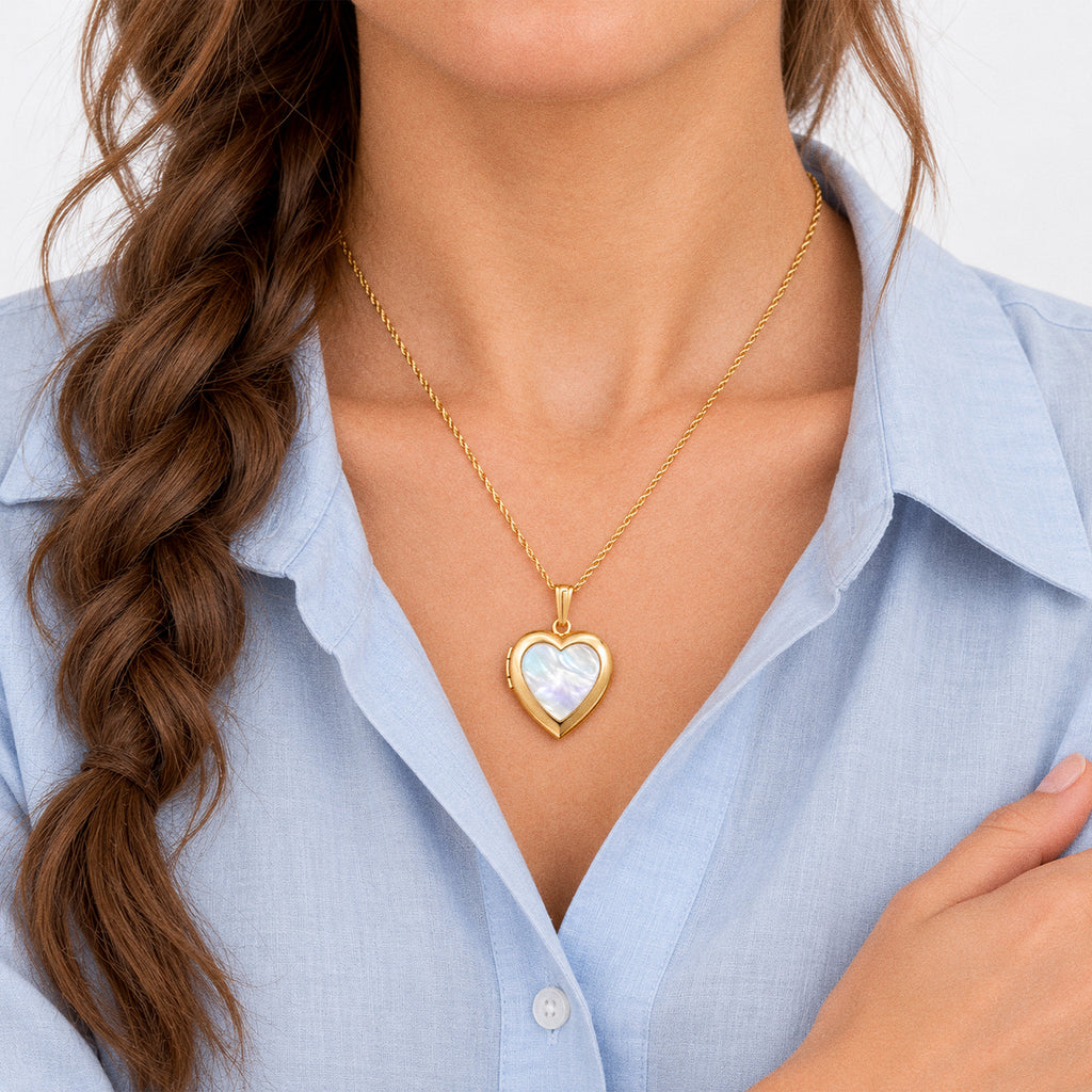 Mother Of Pearl Heart Photo Locket - on model