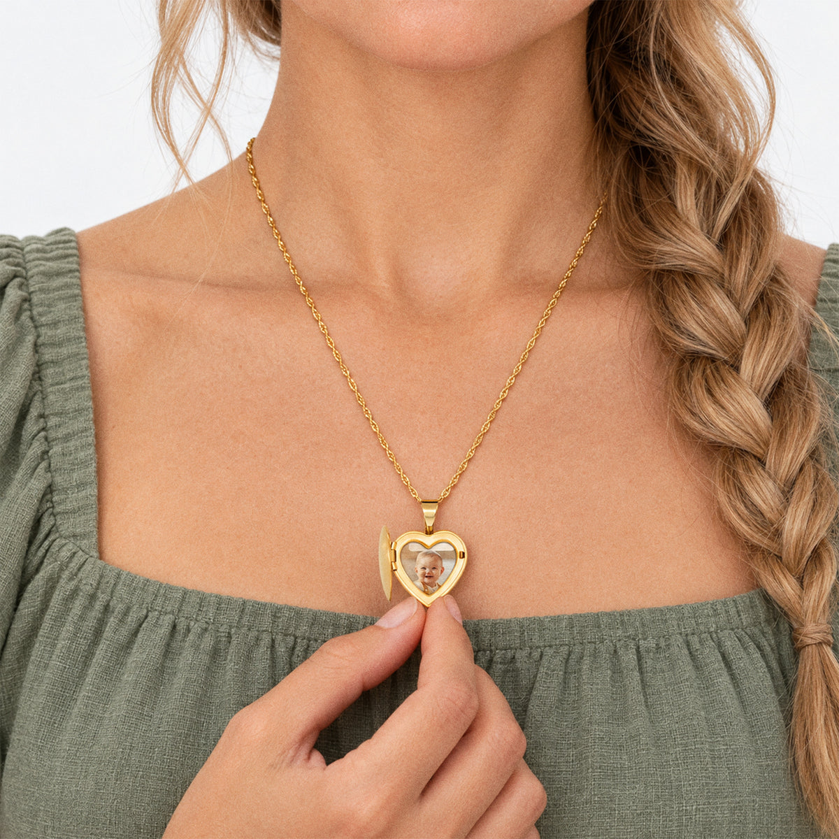 14K Gold Filled Small Heart Photo Locket - on model