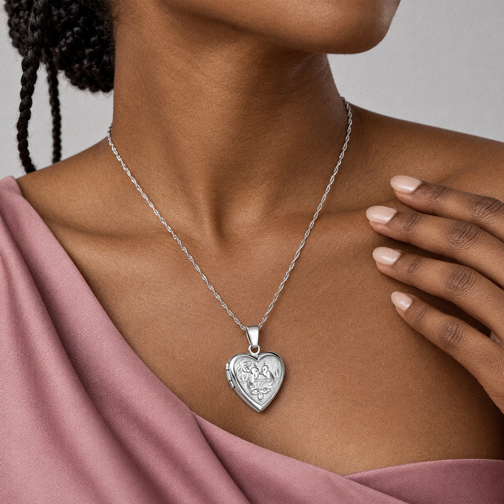 Love Birds Heart Photo Locket - on model
