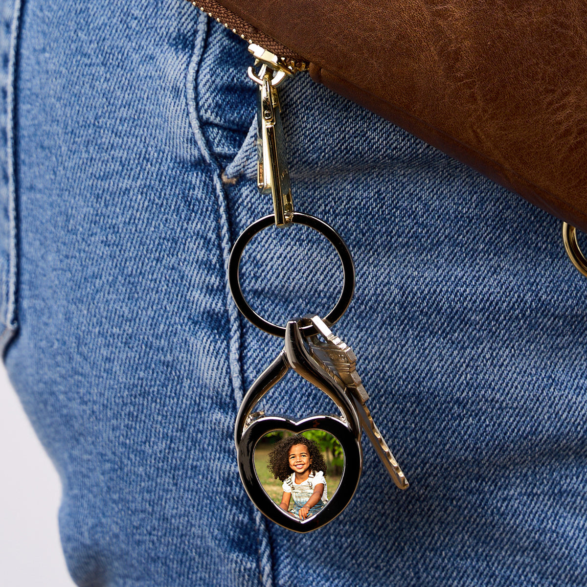 Stainless Steel Engravable Heart Photo Laser Keychain - on model