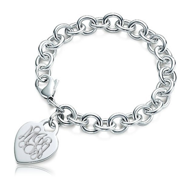 Custom Engraved Sterling Silver Women's Tiffany Style Heart Bracelet with Lobster Claw