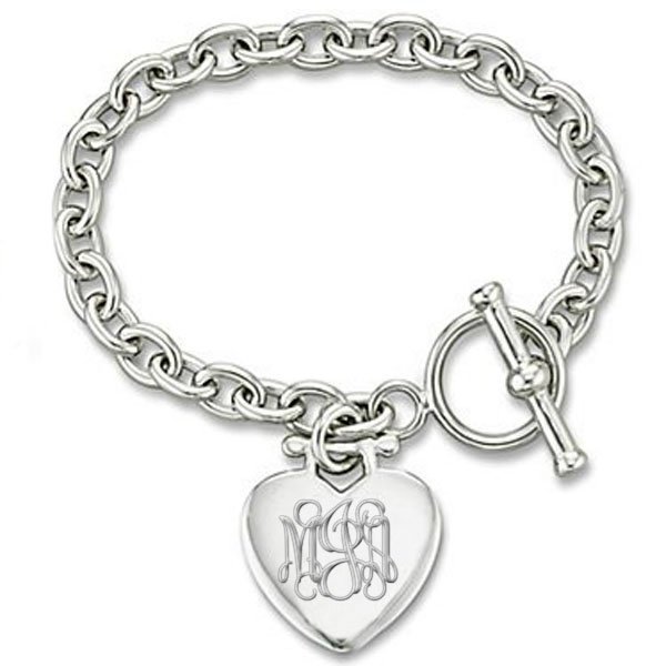 Custom Engraved Sterling Silver Women's Tiffany Style Heart Bracelet with Toggle Lock