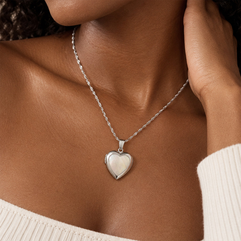 Mother Of Pearl Heart Photo Locket - on model