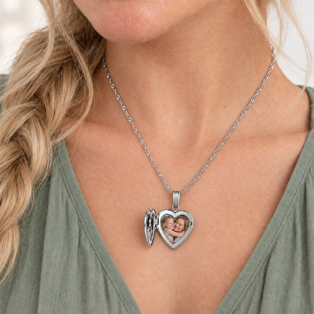 Mother Of Pearl Heart Photo Locket - on model