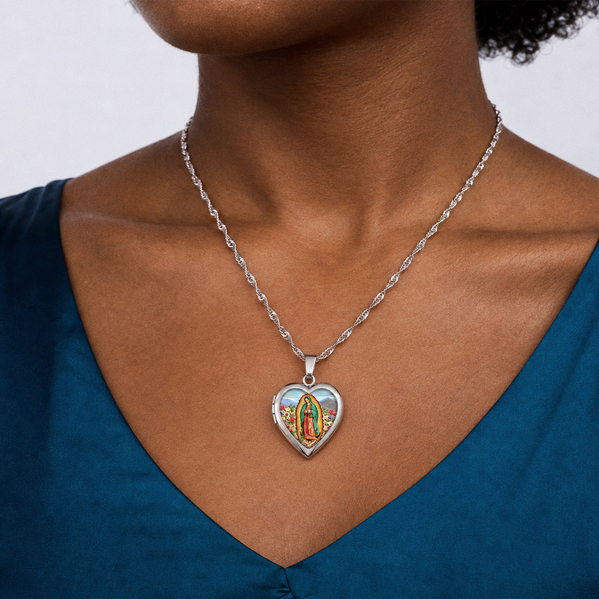 Our Lady Of Guadalupe Heart Photo Locket - on model