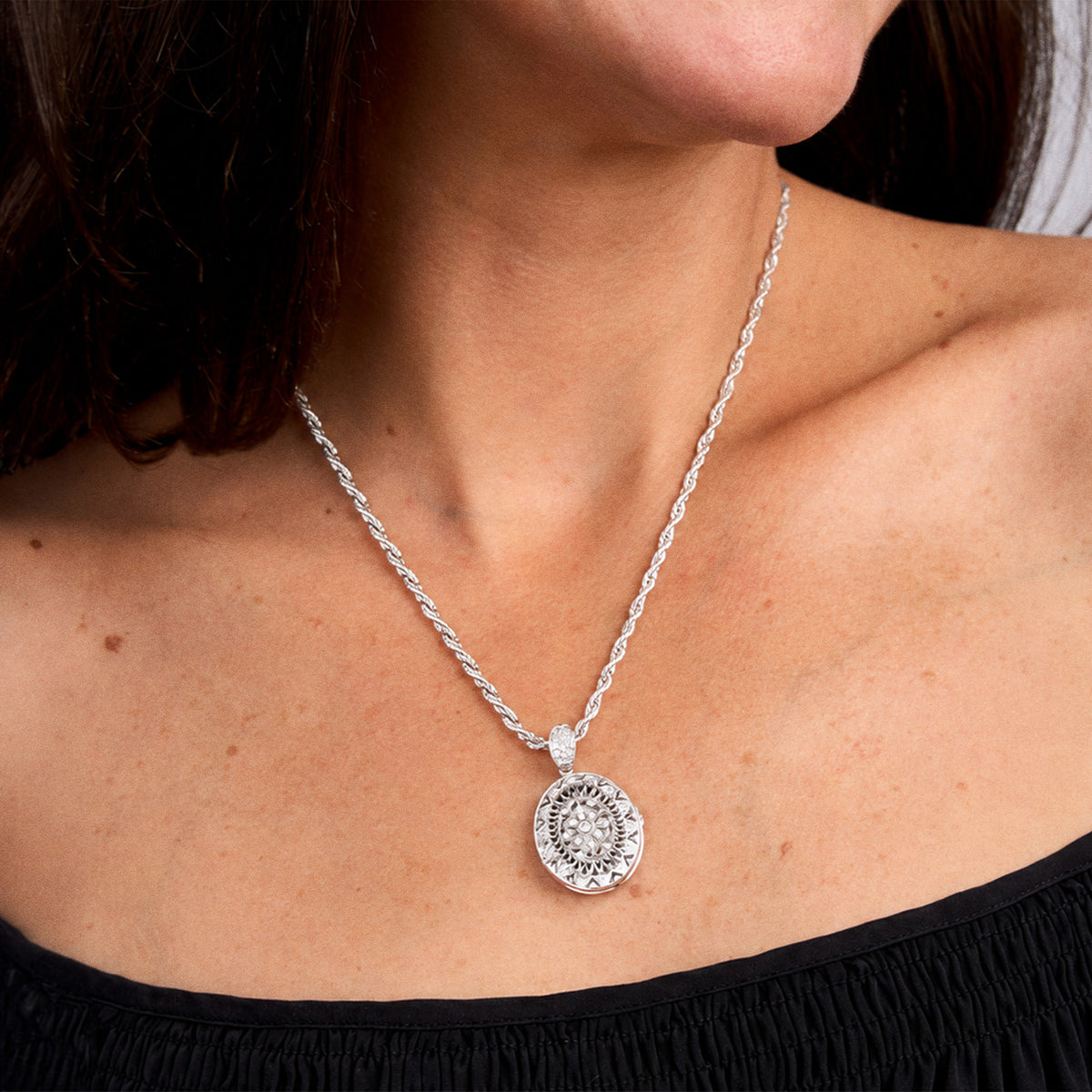 Cubic Zirconia (CZ) Oval Photo Locket - on model