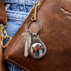 Stainless Steel Engravable Round Photo Keychain - on model
