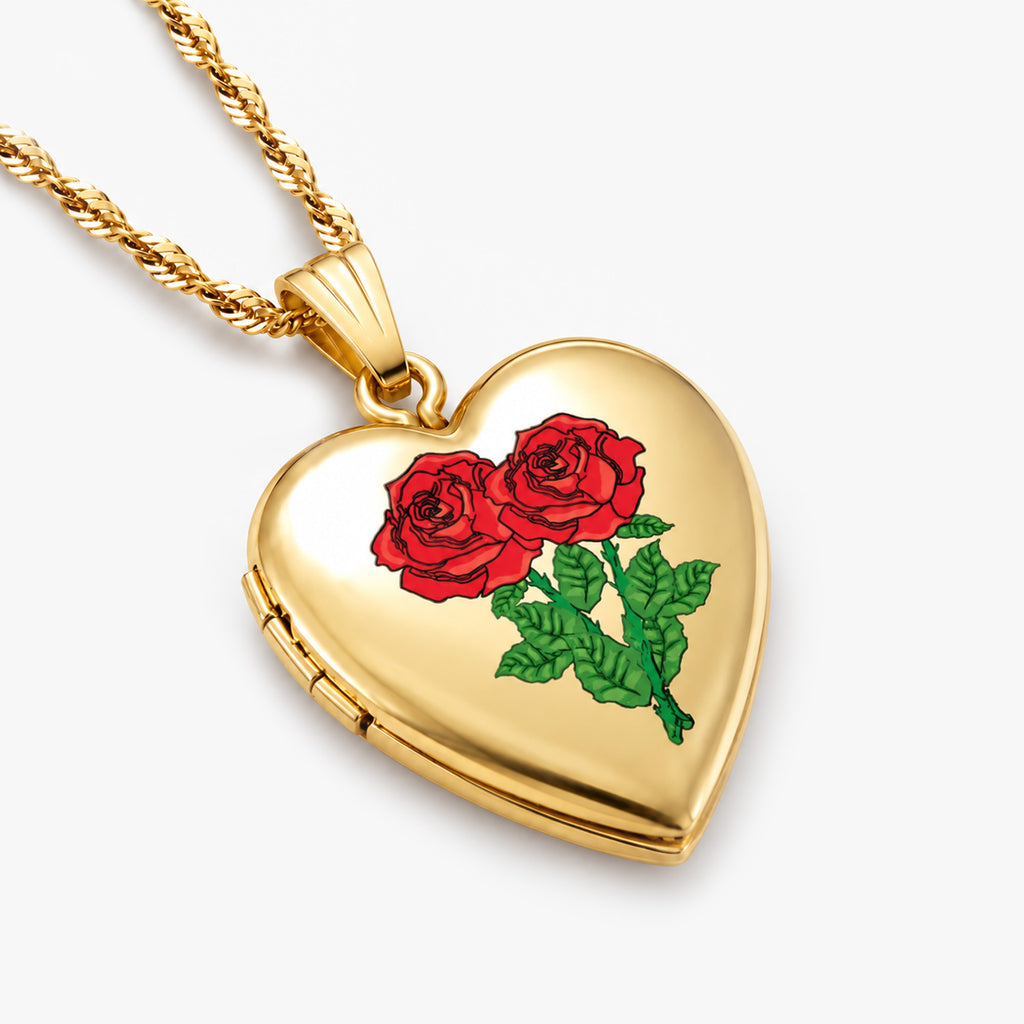 Solid 14K Yellow Gold Double Rose Heart Photo Locket