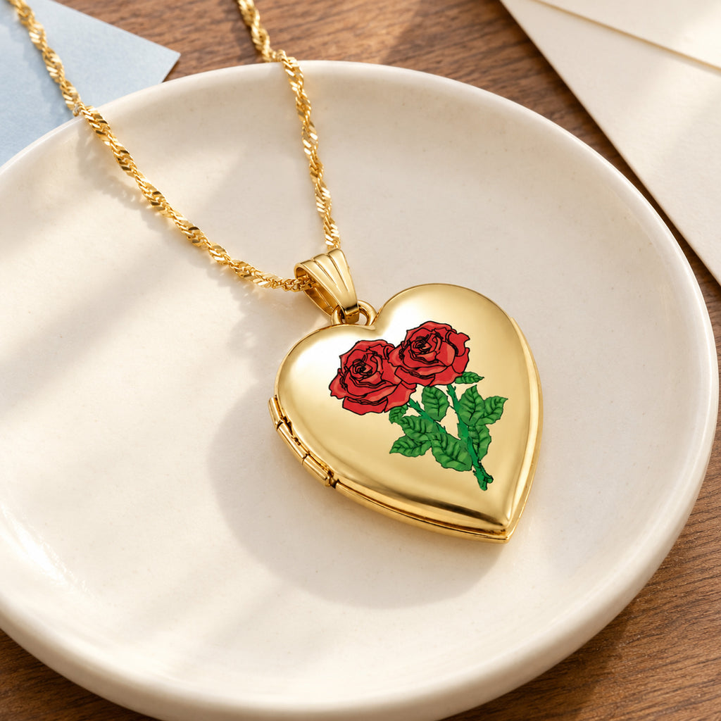 14K Gold Filled Double Rose Heart Photo Locket - lifestyle