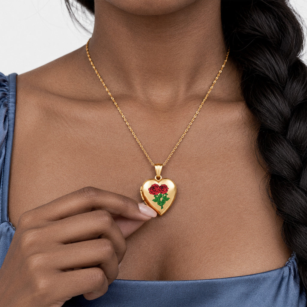 14K Gold Filled Double Rose Heart Photo Locket - on model