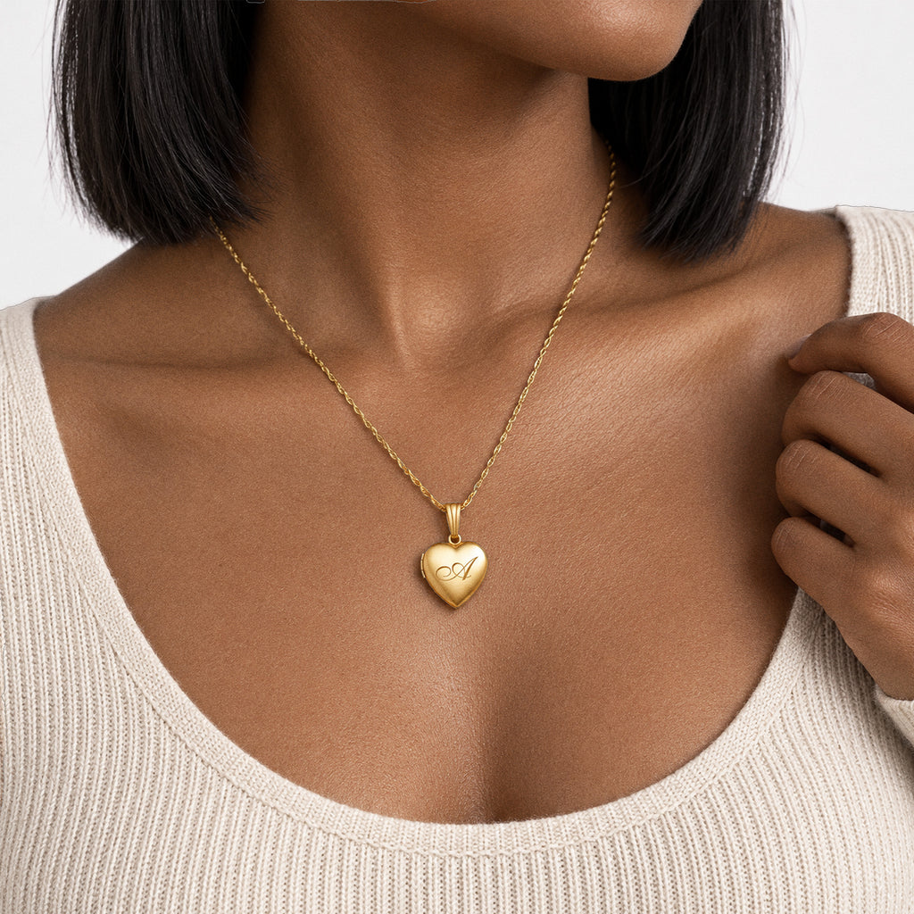 Solid 14K Yellow Gold Initial Heart Photo Locket - on model