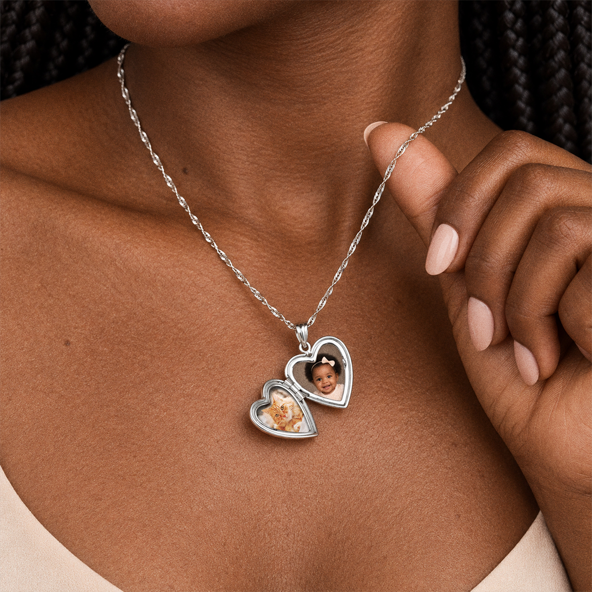 English Style Initial Heart Photo Locket - on model