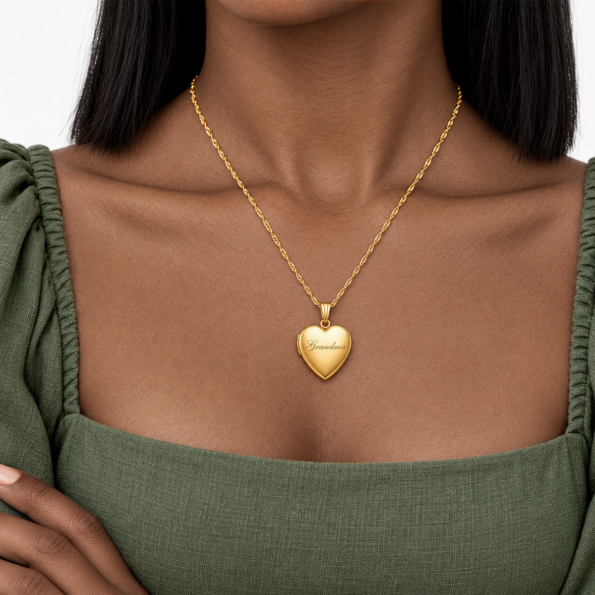 14K Gold-Filled Grandma Heart Photo Locket - on model