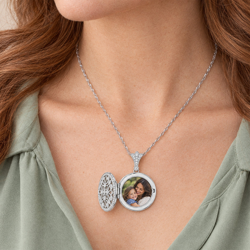Cubic Zirconia or CZ Round Photo Locket - on model