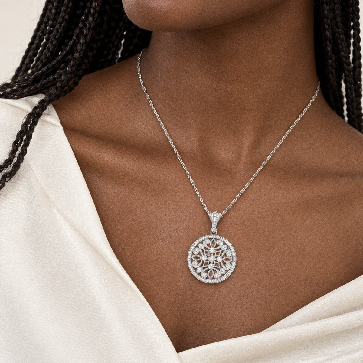 Cubic Zirconia or CZ Round Photo Locket - on model
