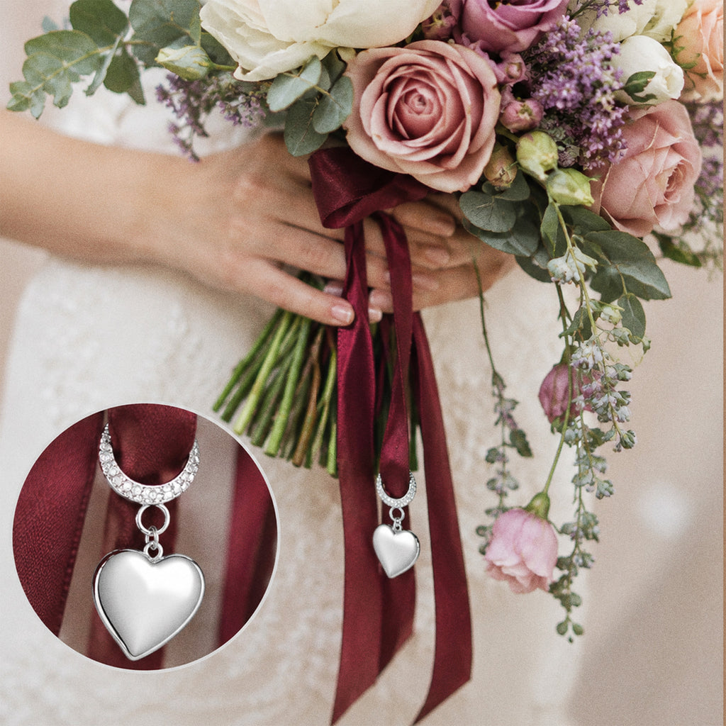 Wedding Bouquet Heart Photo Locket With Ribbon Loop - on model