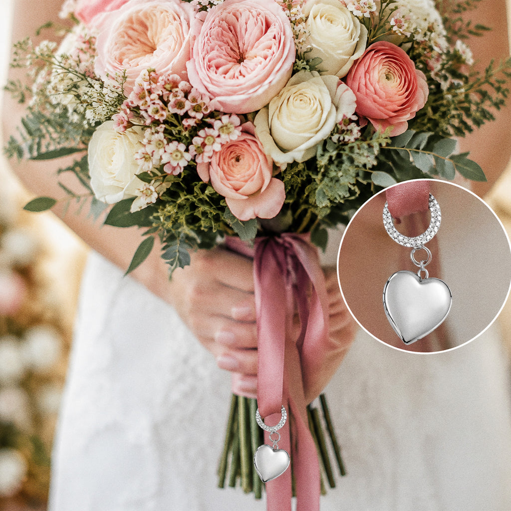 Wedding Bouquet Heart Photo Locket With Ribbon Loop - on model
