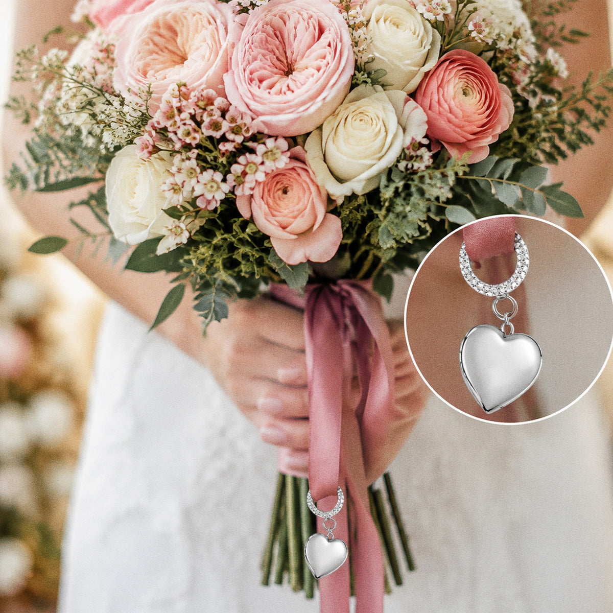 Wedding Bouquet Heart Photo Locket With Ribbon Loop - on model