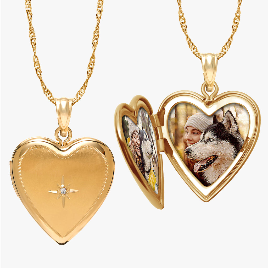 14K Gold Filled Floral Heart Photo Locket With Diamond