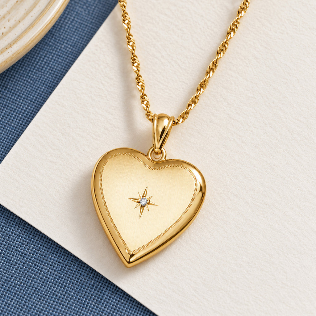 14K Gold Filled Floral Heart Photo Locket With Diamond - lifestyle