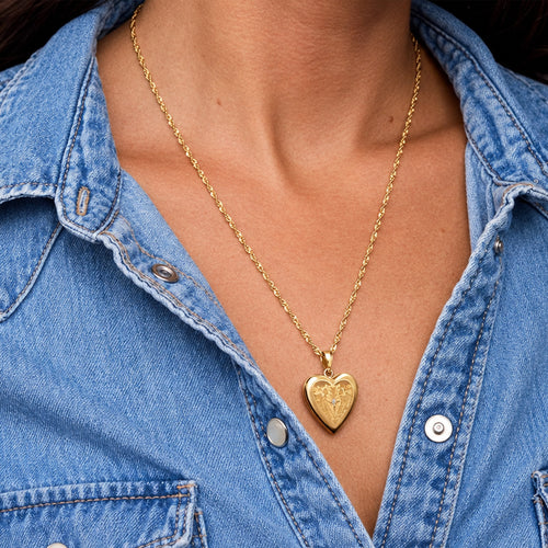 14K Gold Filled Floral Heart Photo Locket With Diamond - on model