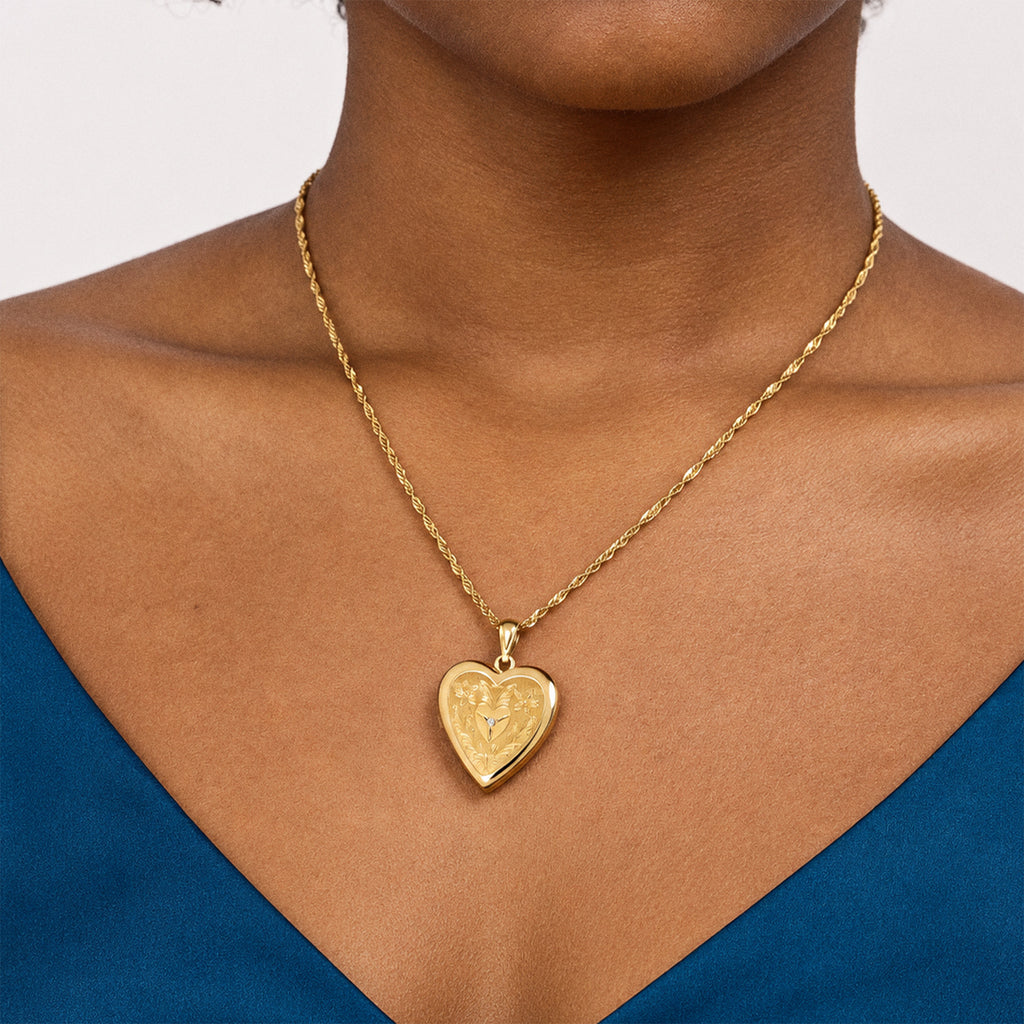 14K Gold Filled Floral Heart Photo Locket With Diamond - on model