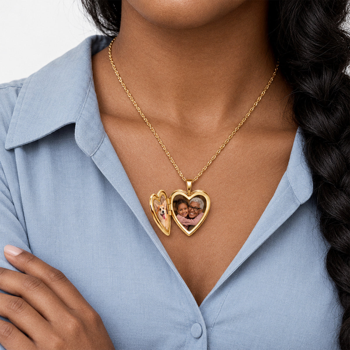 14K Gold Filled Floral Heart Photo Locket - on model