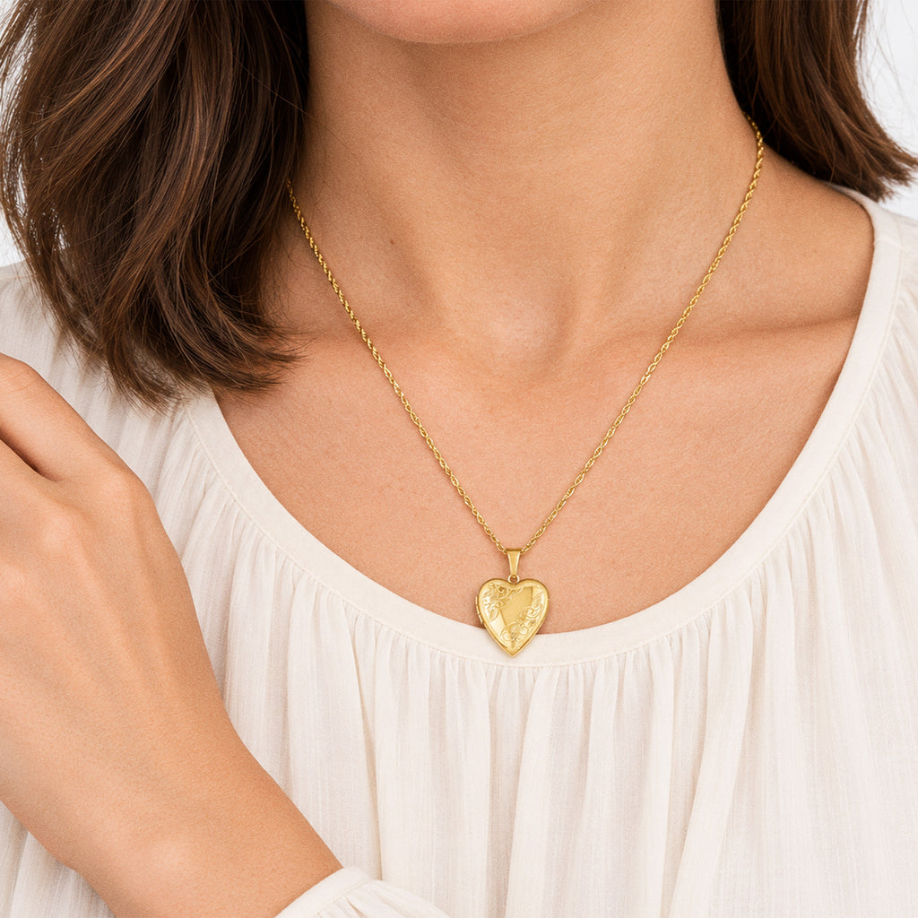 14K Gold Filled Floral Heart Photo Locket - on model