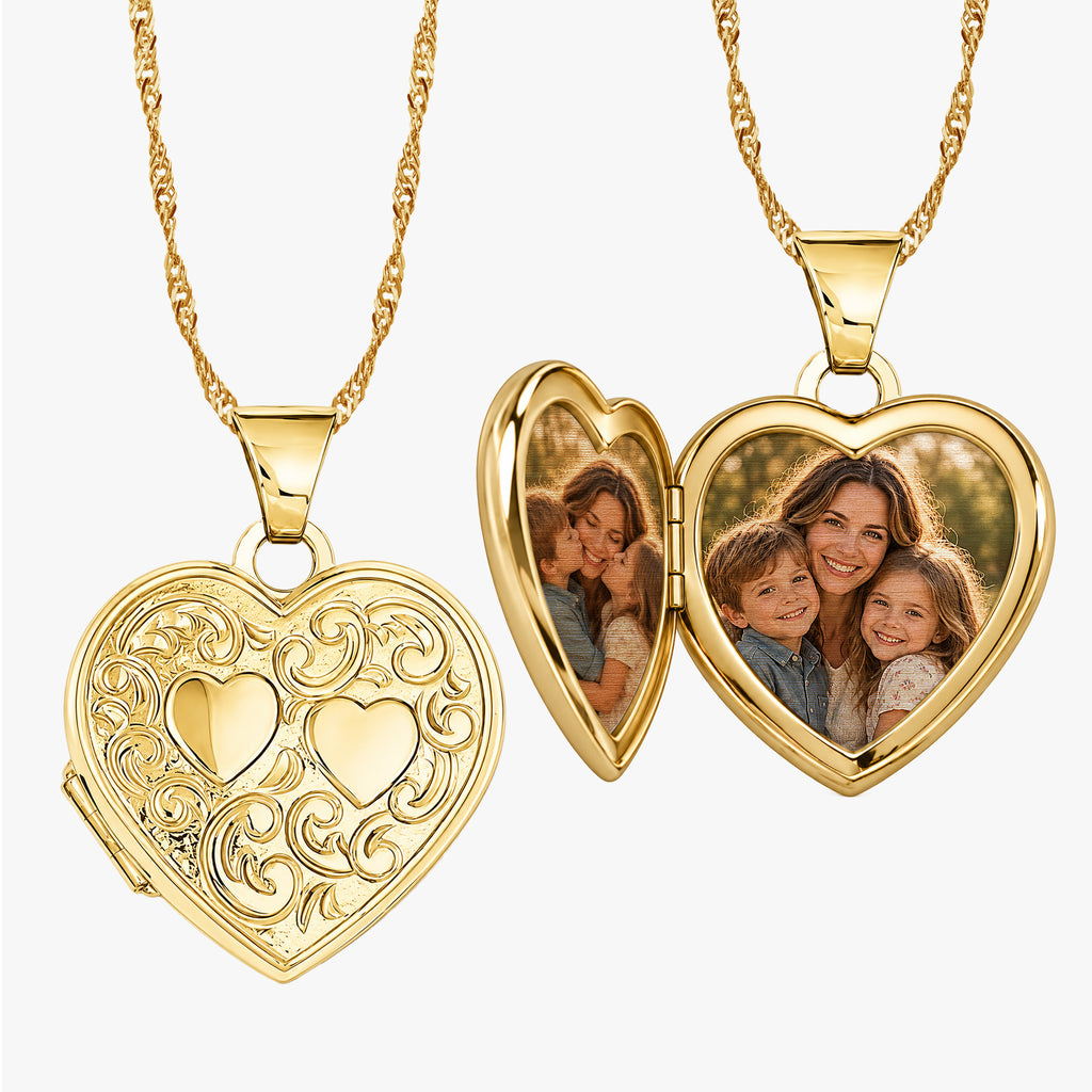 14K Solid Yellow Gold Double Heart Photo Locket