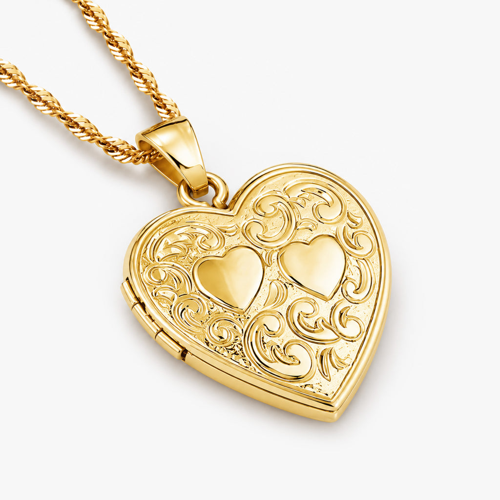 14K Solid Yellow Gold Double Heart Photo Locket