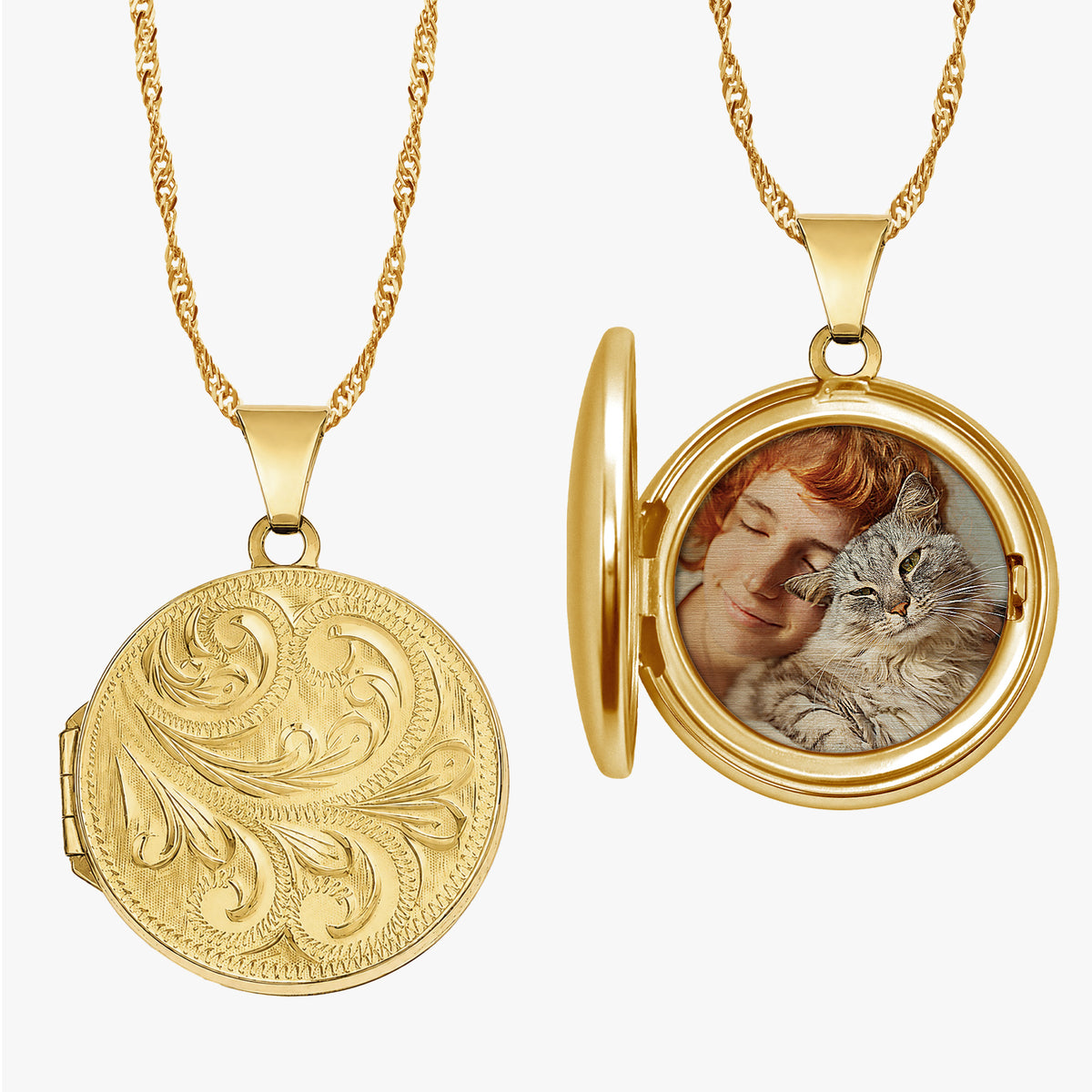 Solid 14K Yellow Gold Floral Round Photo Locket