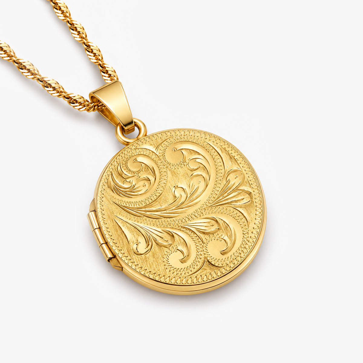 Solid 14K Yellow Gold Floral Round Photo Locket