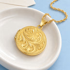 Solid 14K Yellow Gold Floral Round Photo Locket - lifestyle