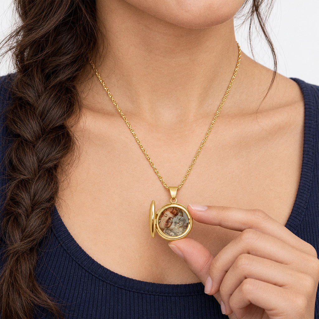 Solid 14K Yellow Gold Floral Round Photo Locket - on model