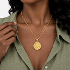 Solid 14K Yellow Gold Floral Round Photo Locket - on model
