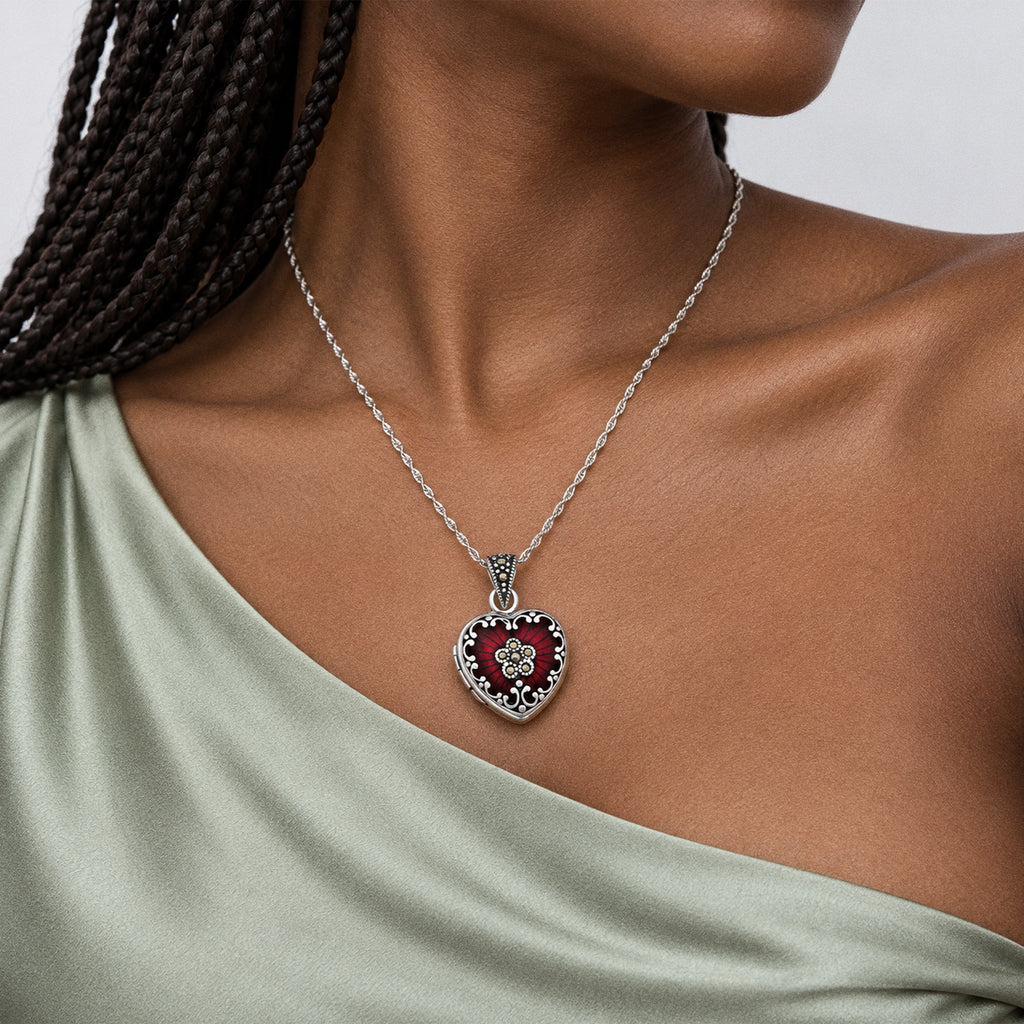 Red Enamel & Marcasite Heart Photo Locket - on model