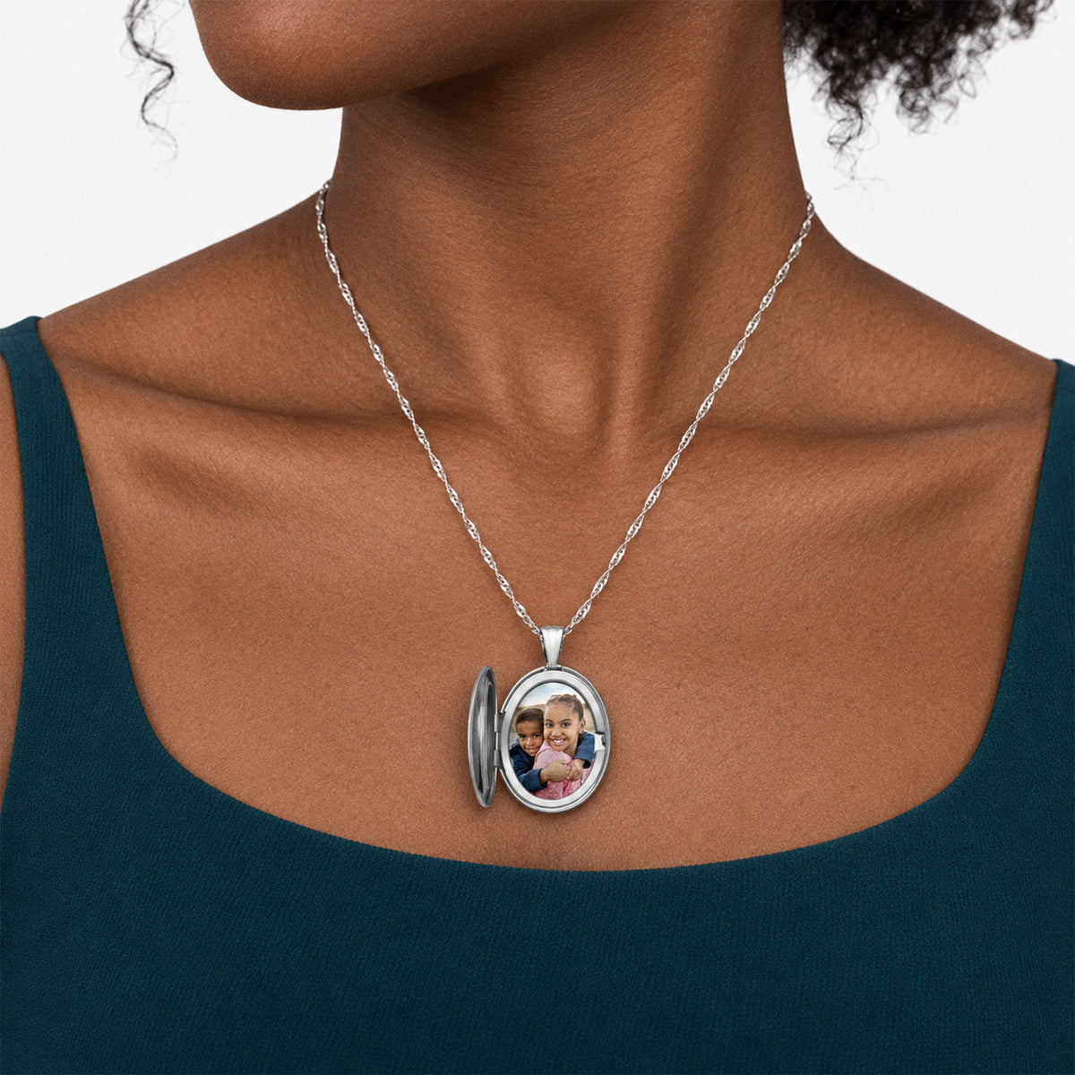 Floral Oval Photo Locket - on model