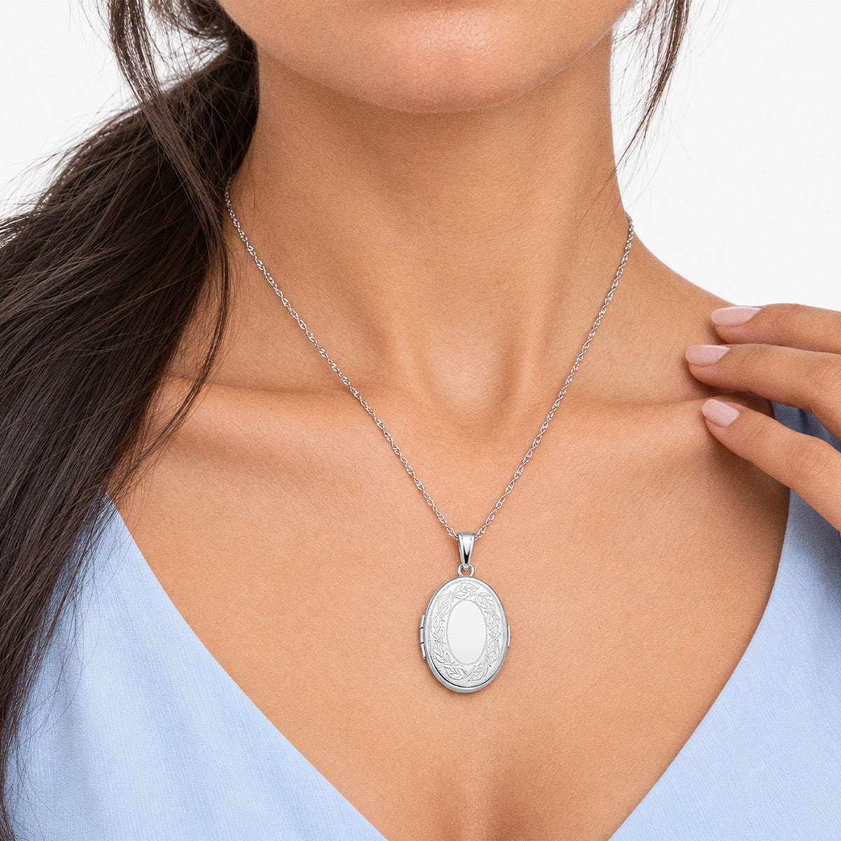 Floral Oval Photo Locket - on model