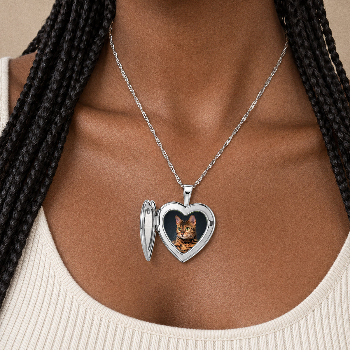 Sterling Silver Swirl Design Heart Photo Locket - on model