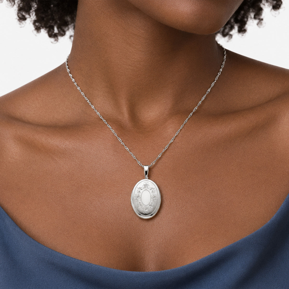 Floral Oval Photo Locket - on model