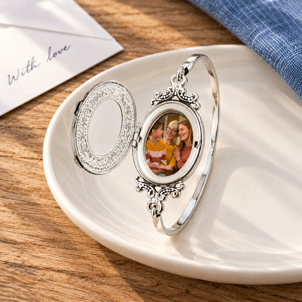 Decorative Border Bangle Bracelet Oval Photo Locket - lifestyle