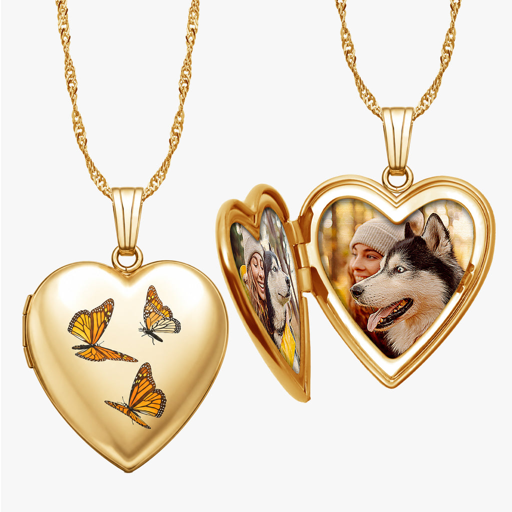 14K Gold Filled Monarch Butterfly Heart Photo Locket